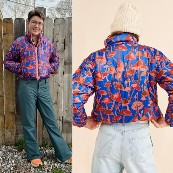 Farm Rio Wild Horses Tricot Puffer Jacket Reversible Mushroom Multicolor Size XS - Picture 11 of 12